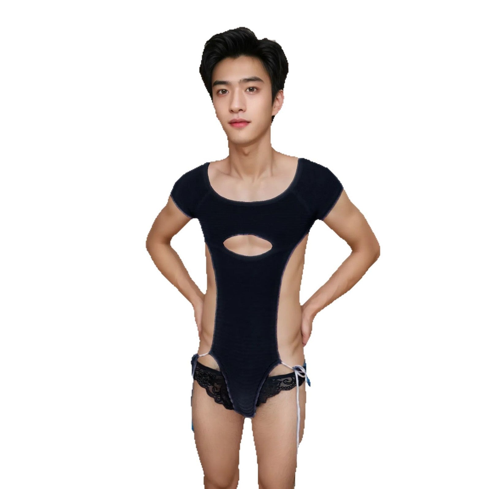 Image of Cross-border foreign trade men’s sexy sweaters beautiful men lace-up hollow uniforms nightclub male model GAY flirting